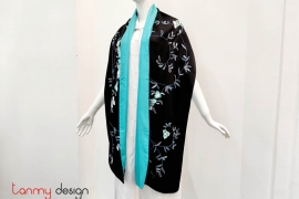 Black silk scarf hand-embroidered with three-petaled flower